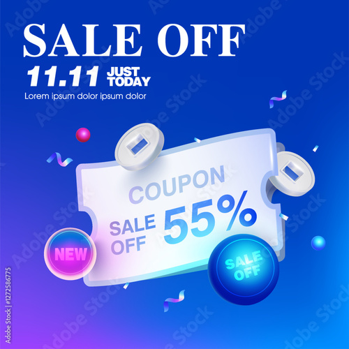 3d neon light coupon with coins and cofetti flying around, coupon code, price off, isolated on dark background. New gift voucher pop up banner template in 3d vector. Vector illustration