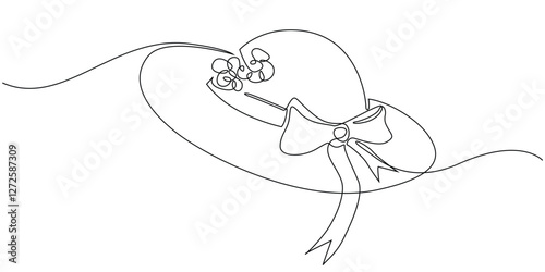 one continuous line of women's hat.one line drawing of hat with flowers and ribbon.single line vector illustration.isolated white background
