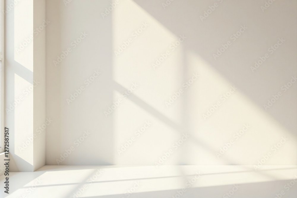 Fototapeta premium Serene Minimalist Room Interior Featuring Sunlight Casts Shadows on a Blank Wall and Floor, Perfect for Product Display or Design Inspiration