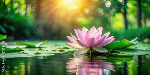 Wallpaper Mural Serene Pink Water Lily Blooming in Sunlight on Calm Water, Surrounded by Lush Green Lily Pads in a Tranquil Natural Setting Torontodigital.ca