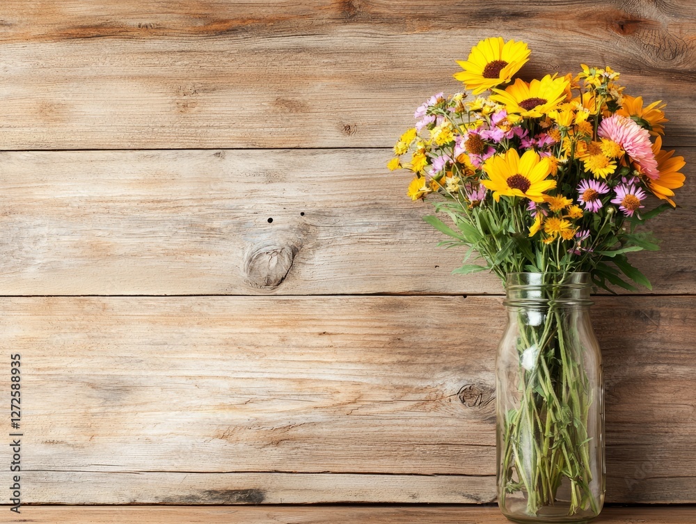 Rustic bouquet of wildflowers in mason jar on wooden planks Rustic bouquet of wildflowers in mason jar on wooden planks