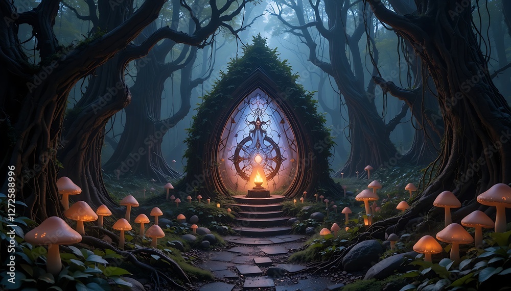 Fototapeta premium Magical Forest Portal with Glowing Mushrooms and Dark Enchanted Trees