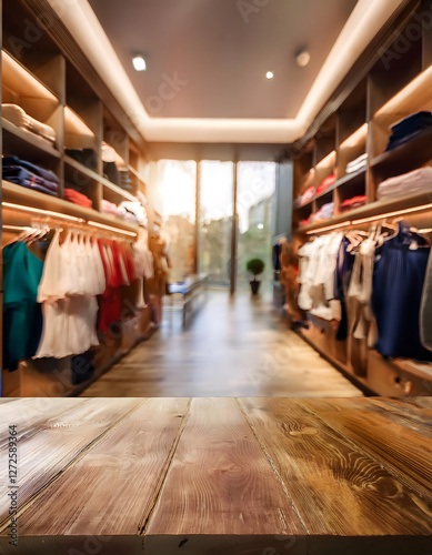 Wallpaper Mural A wooden tabletop overlooks a blurred clothing store interior with neatly arranged garments on display Torontodigital.ca