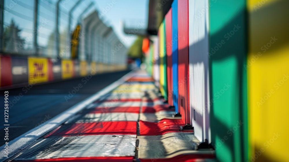 Fototapeta premium Vibrant trackside signage captured at a racing event, showcasing colorful borders and shadows along the asphalt. Ideal for sports and branding imagery.