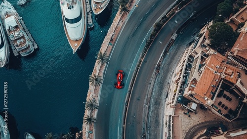 An aerial view captures a vibrant F1 car expertly navigating a tight curve amidst luxury yachts and a stunning coastline, showcasing the thrill of motorsport.