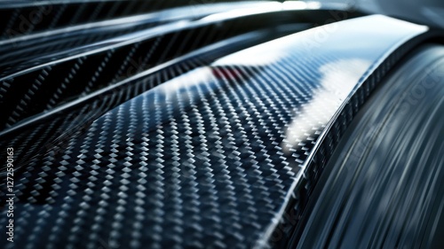 This close-up image showcases the intricate detail of carbon fiber bodywork used in race cars. The reflective surface highlights the advanced engineering and sleek design essential for performance.