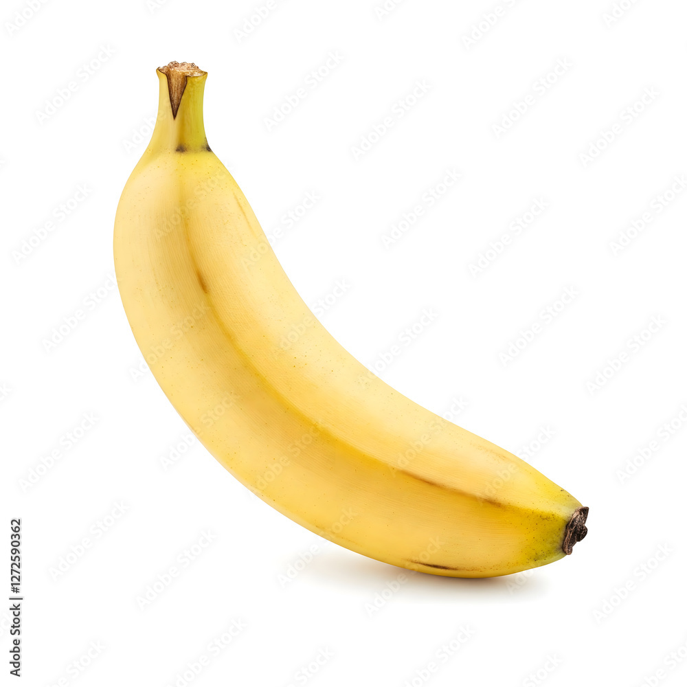 A single ripe banana with a smooth yellow peel, isolated on a clean white background A single ripe banana with a smooth yellow peel, isolated on a clean white background