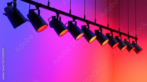 Colorful stage lighting system with six spotlights on a track against a vibrant purple and orange gradient background.