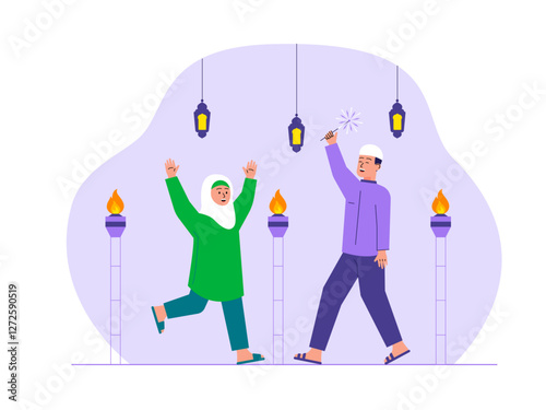 Muslims enjoying ramadan festival illustration. Eid illustration. Flat vector illustration concept.