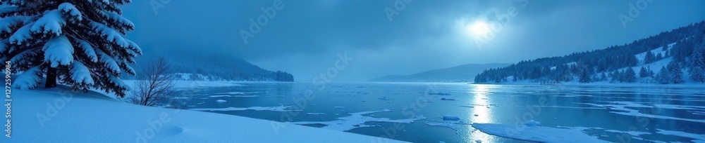 Fototapeta premium Icy waters glisten in the pale moonlight as a frozen lake stretches across the snow-covered landscape, cold weather, wintry scene, winter