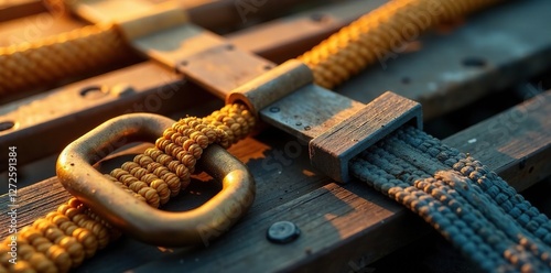 Wooden slings on cargo tie down strap ratchet isolated, strap, material handling, tie down