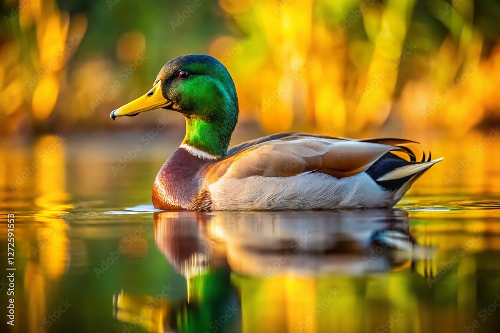 Fototapeta premium Serene Mallard Duck on Calm Pond Water, Nature Wildlife Photography