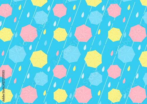 カラフルな傘と雨粒のポップなシームレス背景_雨降り