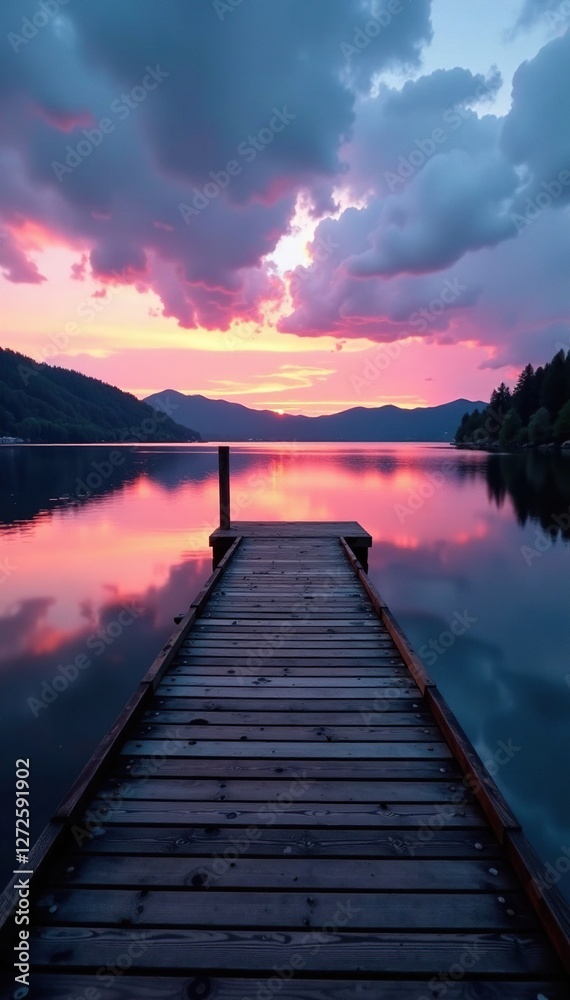 Fototapeta premium Wooden dock extends into calm lake surface at dusk, lakeside, water