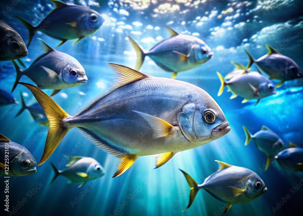 Naklejka premium Serene Moonfish Underwater Scene: Silver Glow, Peaceful Ocean Life