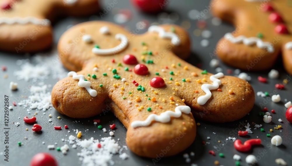 Square-shaped gingerbread cookie with sprinkles and icing details, holidays, festive