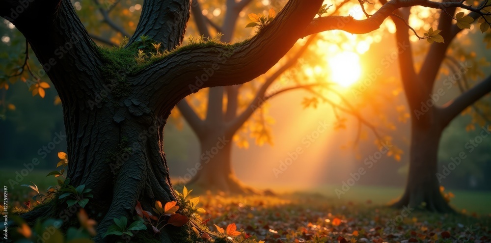 Fototapeta premium Bright orb casts long shadows on gnarled boughs , enchanted, gothic, pathway