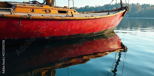 Still water reflected on a worn sailboat's hull, rumpen, dunkel, umwelt