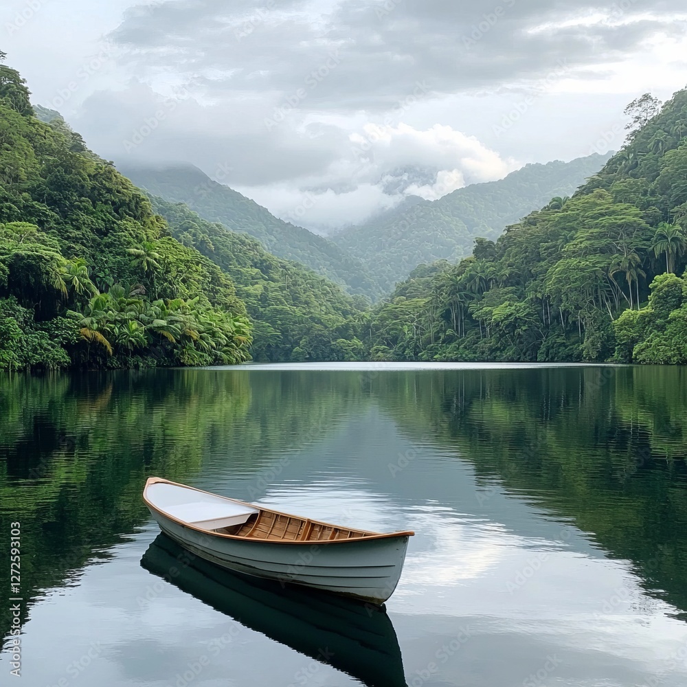 Serene boat floating on a calm lake surrounded by lush green mountains Serene boat floating on a calm lake surrounded by lush green mountains