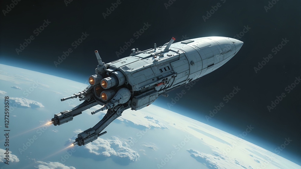 Naklejka premium A futuristic aerospace worker in a spacesuit performs ballet moves while assembling spacecraft components in orbit.