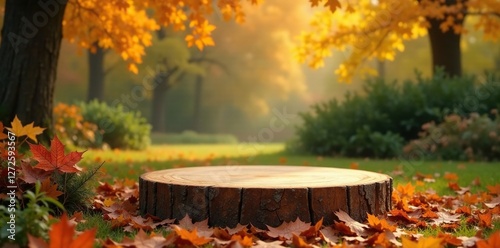 Wooden podium in autumn garden amidst fallen leaves, wood, foliage