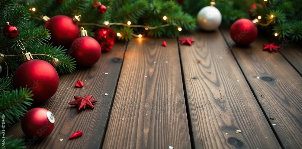 Red and white Christmas ornaments scattered on a rustic wooden floor amidst natural elements, festive, evergreen, decor Red and white Christmas ornaments scattered on a rustic wooden floor amidst natural elements, festive, evergreen, decor