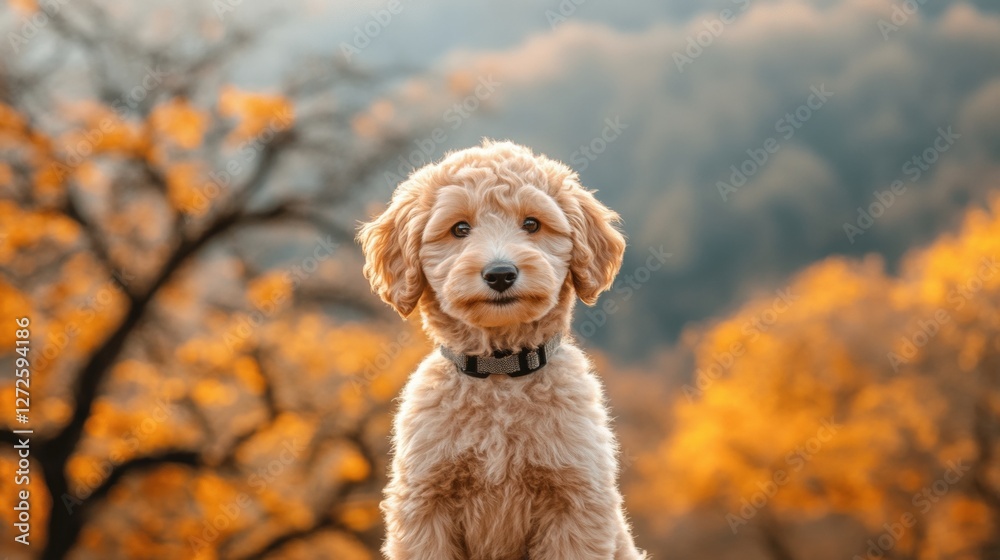 Adorable Fluffy Puppy Sitting in an Autumn Landscape Surrounded by Golden Foliage in Nature Adorable Fluffy Puppy Sitting in an Autumn Landscape Surrounded by Golden Foliage in Nature