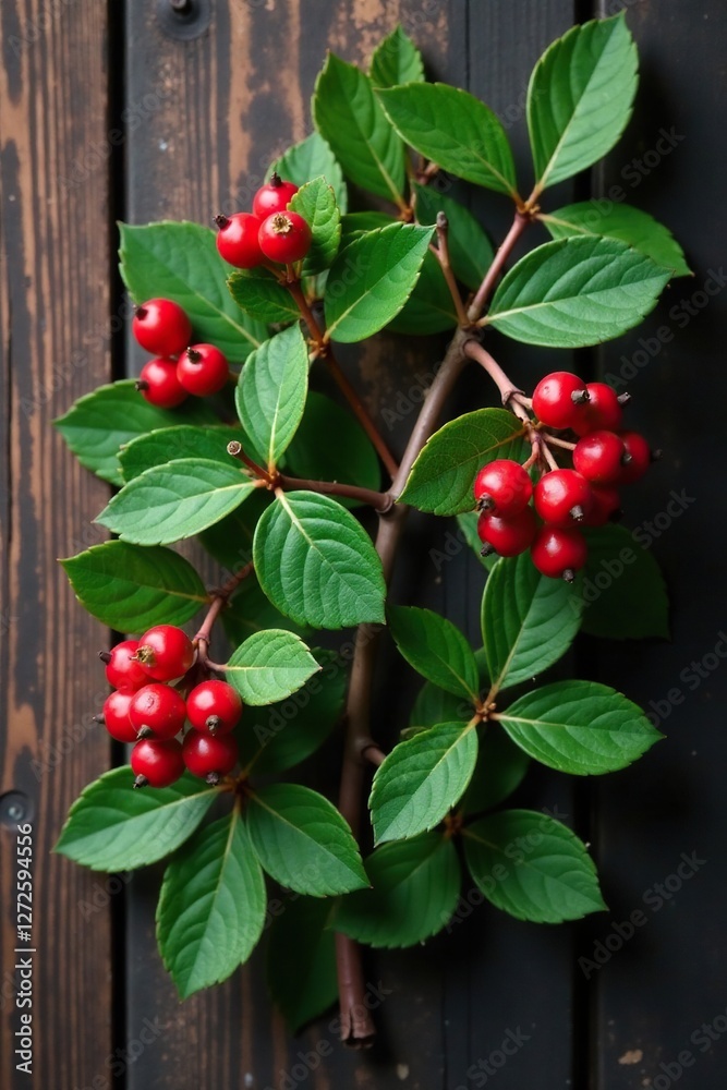 Obraz premium Berberis julianae shrub with dark green leaves and red berries on a wooden background, wintergreen, barberry