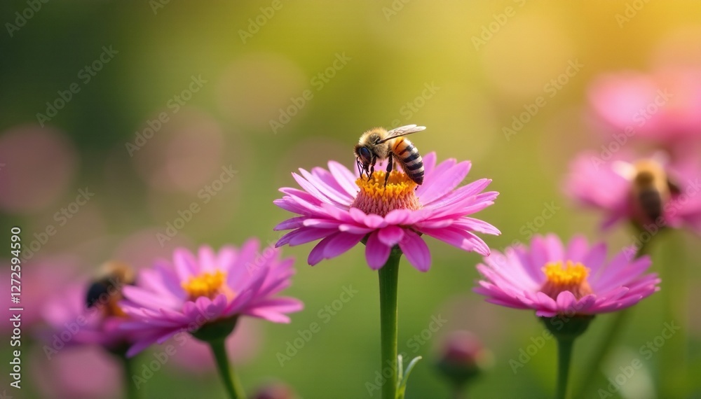 Bees collecting nectar from aster flowers in a garden landscape, summer, nectar Bees collecting nectar from aster flowers in a garden landscape, summer, nectar