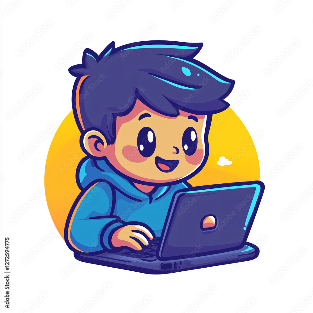 Playful Cartoon Boy Using Laptop for Fun Learning and Gaming Activities Playful Cartoon Boy Using Laptop for Fun Learning and Gaming Activities