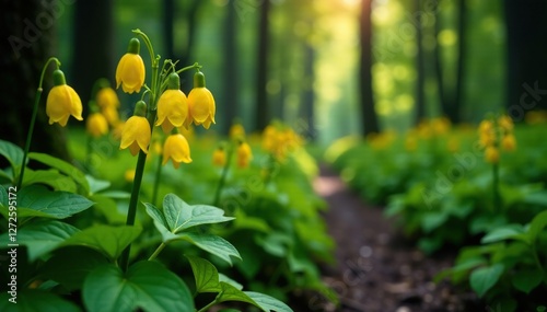 Bellwort growing in clusters on a forest path, yellow, forest photo