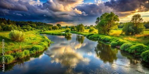Serene River Landscape: Cloudy Sky, Encircling Nature, Calm Waters