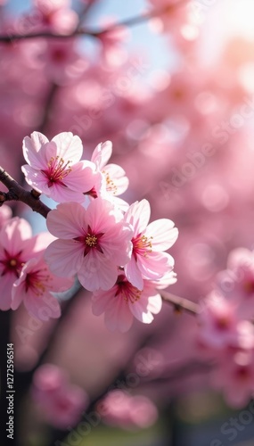 Delicate pink cherry blossoms in full bloom, spring sunlight , pretty, fragile