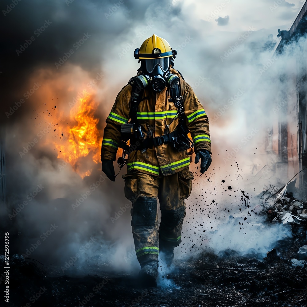 Fototapeta premium A firefighter walks through smoke and flames, showcasing bravery and resilience in a dangerous situation.