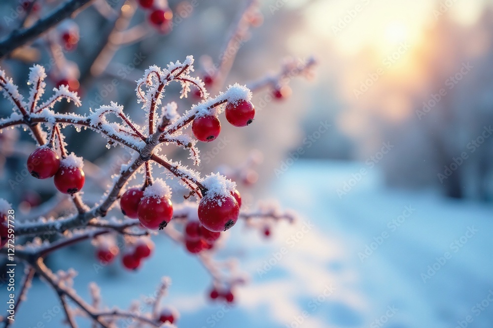 Icy winter morning with red berries sparkling on frosty branches, scenery, ice Icy winter morning with red berries sparkling on frosty branches, scenery, ice