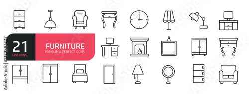 Set of line icons related to architecture, mirror, armchair, fireplace, lamp.  Outline icons collection. Editable stroke. Vector illustration