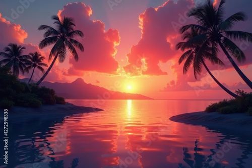 Fiery orange and pink sunset over calm Hawaiian waters, palms at the edge , scene, serene