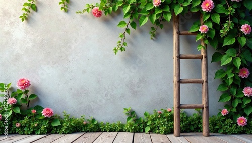 Wooden ladder is leaned up against a large concrete wall with vines and flowers wrapped around, flowers, wooden, plants