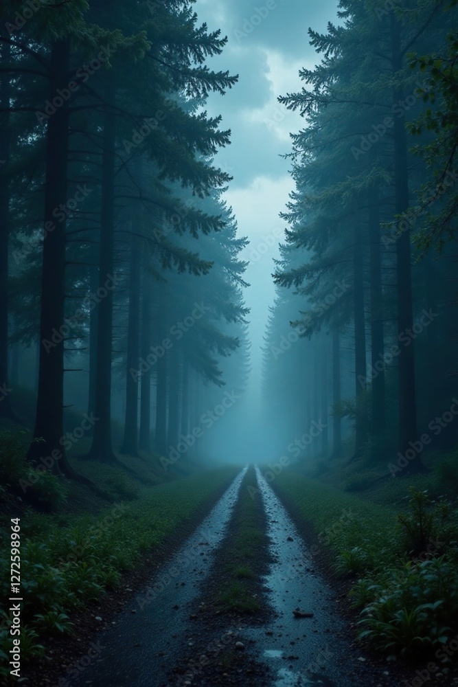 Obraz premium Dark clouds and rain create a mystical atmosphere on a misty forest path, dark skies, trees
