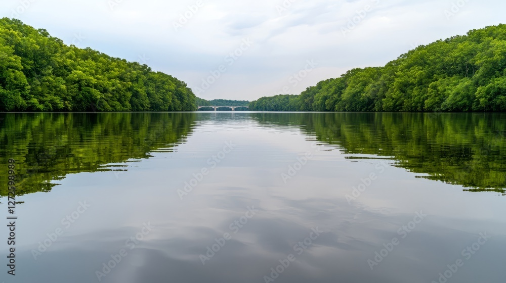 Serene river reflections, forest-lined banks, bridge in distance