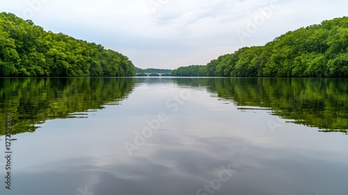 Serene river reflections, forest-lined banks, bridge in distance