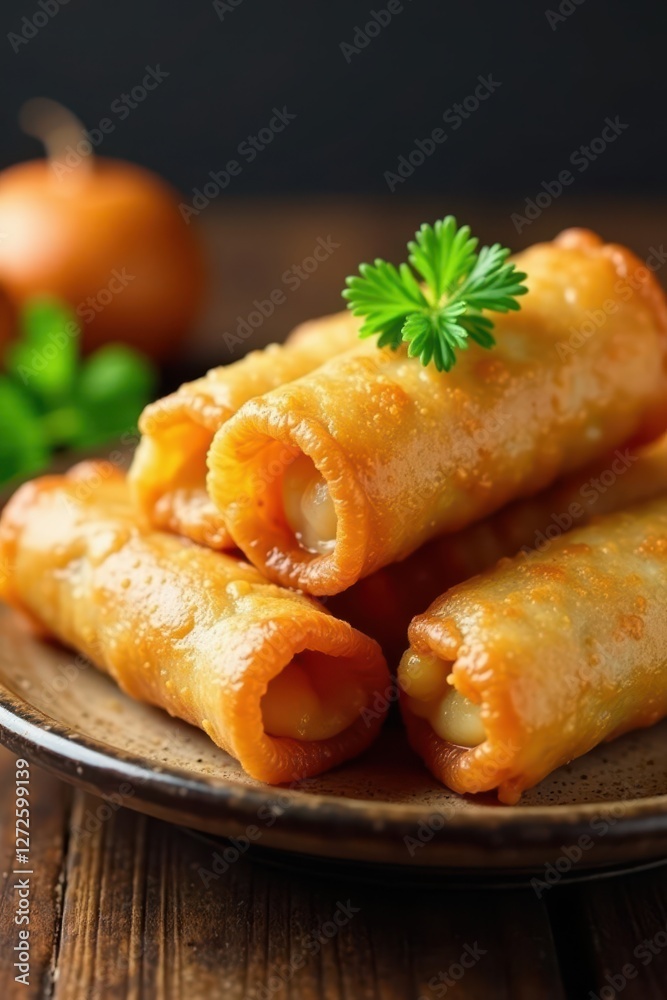 Golden-brown crispy spring rolls, freshly fried, pork, menu Golden-brown crispy spring rolls, freshly fried, pork, menu