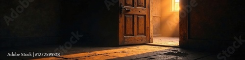 Wooden door creaking slightly as light pours in from beyond, eerie, creak, vintage