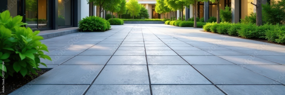 Fototapeta premium Gray concrete pavers arranged in courtyard pattern, paving, stone
