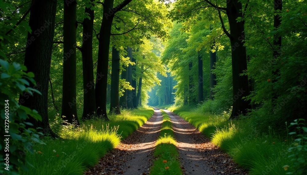 Obraz premium In einem Wald mit dichten B?umen und einer alten Stra?e, Natur, herbst