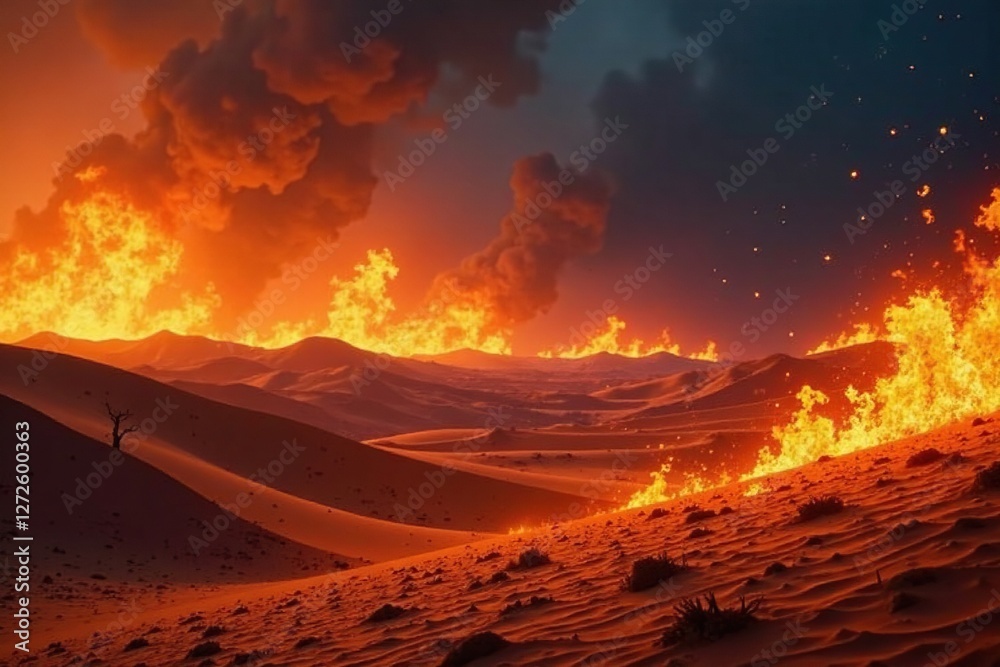 Naklejka premium Inferno in a desert landscape, with burning sand dunes, wild, burning, fire
