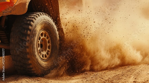 Close-up shot of a Dakar rally truck showcasing its suspension system in a cloud of dust, highlighting the thrill and power of off-road racing. photo