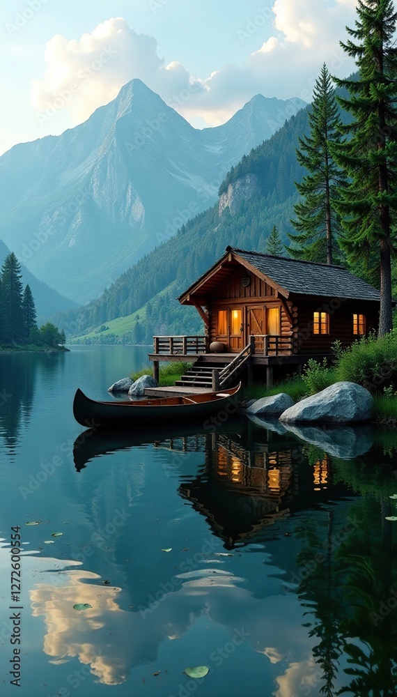 Wooden lodge on the riverbank with a wooden dock and canoe, river, tranquility, dock Wooden lodge on the riverbank with a wooden dock and canoe, river, tranquility, dock