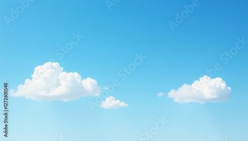 Soft blue sky with three puffy white clouds, serene atmosphere, blue, peaceful