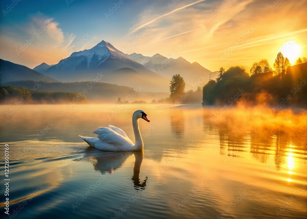 Fototapeta premium Serene Swan at Sunrise: Misty Lake & Mountain Aerial View